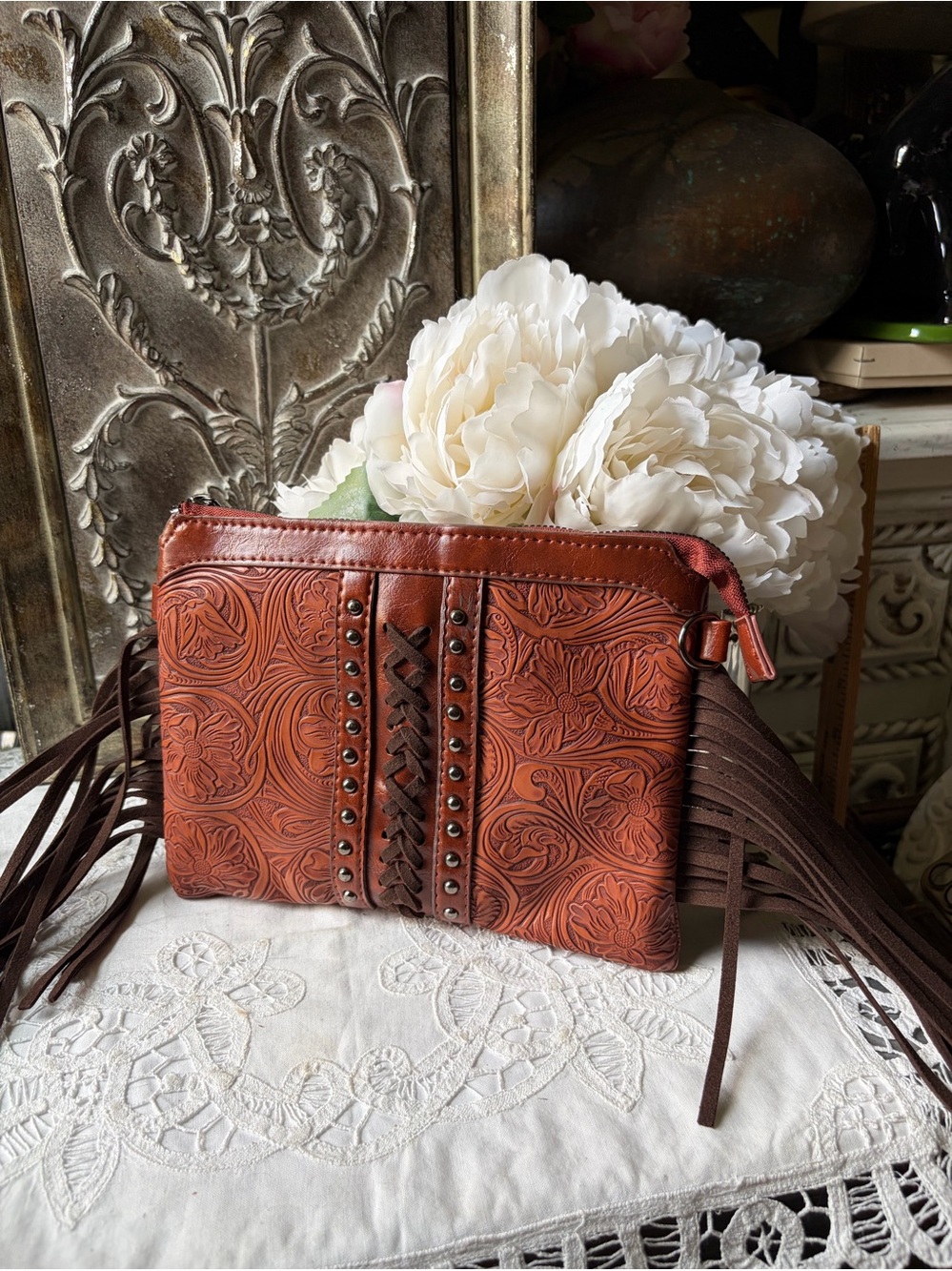 Brown embossed floral vegan leather small crossbody bag